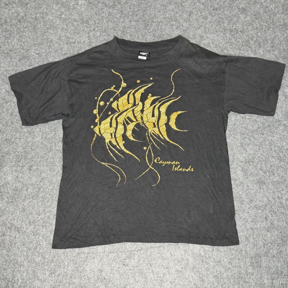 Vintage Diamond Dust Cayman Islands‎ T Shirt Gold Glitter Fish Single Stitch L